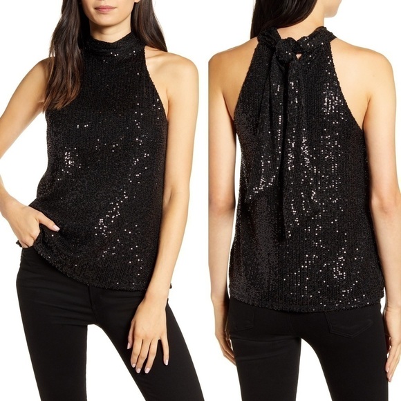 Chelsea28 Nordstrom Black High Neck Sequin Halter Top with Tie Back New With Tag - Picture 1 of 9